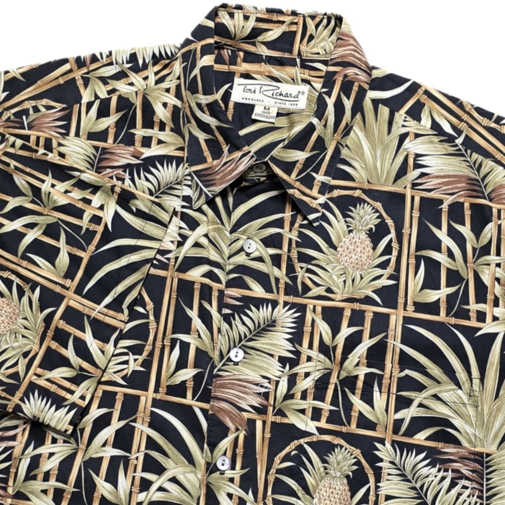 VTG Tori Richards Mens M Tiki Hawaiian Camp Shirt Palms & Pineapples Cotton Lawn